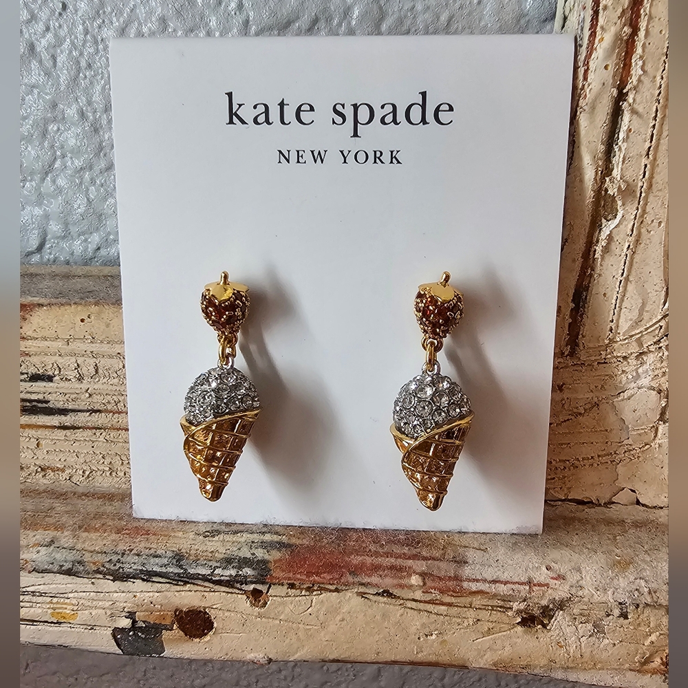 Kate Spade What A Snack Strawberry & Ice Cream Gold and Silver Cone Earrings NWT